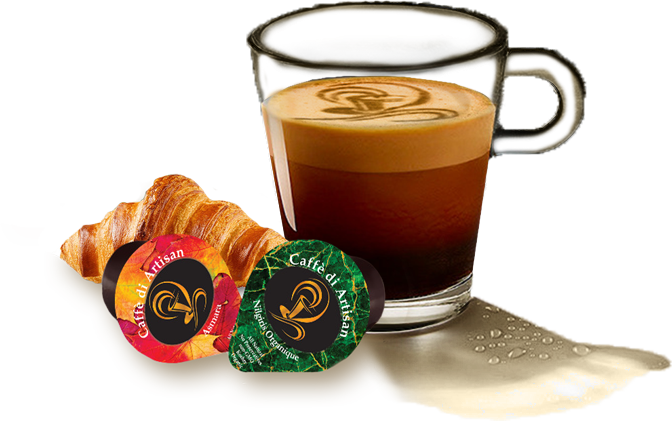 Coffe cup with pods and croissant - Caffè di Artisan